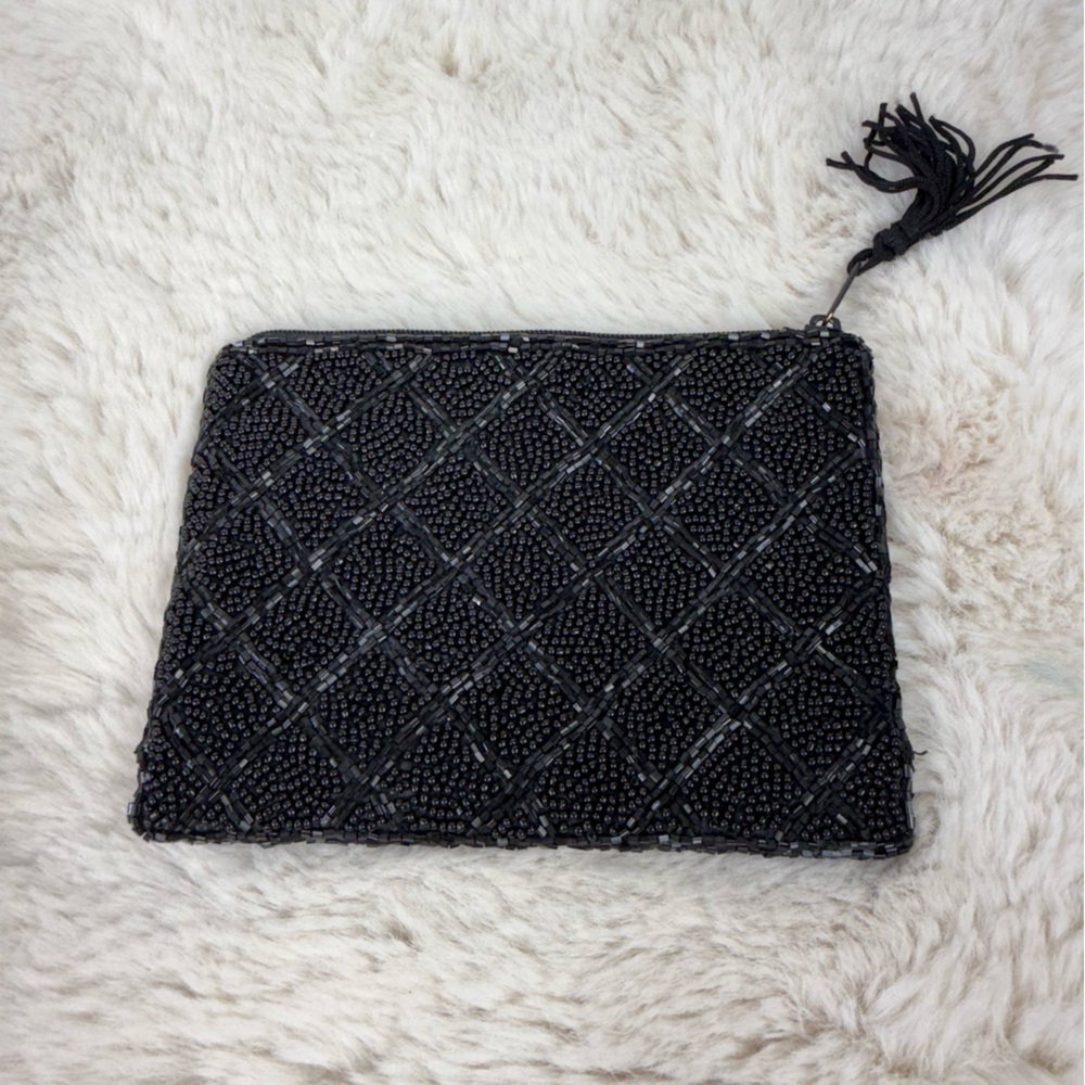 Vintage Small Black Beaded Coin‎ Purse Clutch